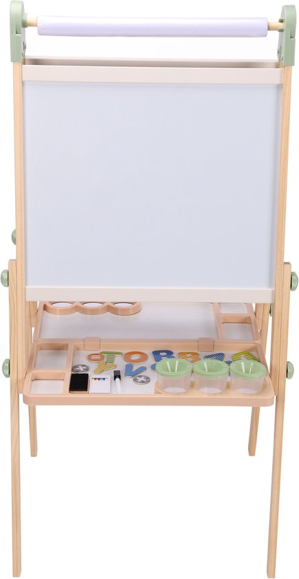 Sunny Luna Activiteiten Ezel – Verstelbare Houten Kinder Ezeltje – Speelezel met Whiteboard & Krijtbord – Magnetisch Bord – Inclusief Papierrol, Bekers & Accessoires – Educatief Speelgoed