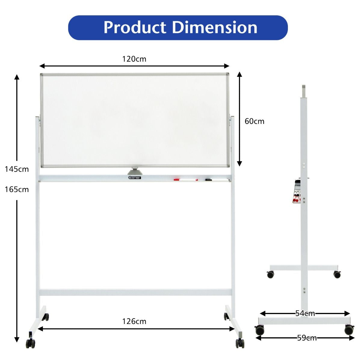 Coast Dubbel -zijdige magnetisch mobiel whiteboard verstelbaar droog dipable paneel op wielen wit
