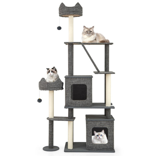 Coast Krabpaal Kattenboom - 2 kattenhuisjes - speelplatforms en kattenbed - grijs - 180 cm