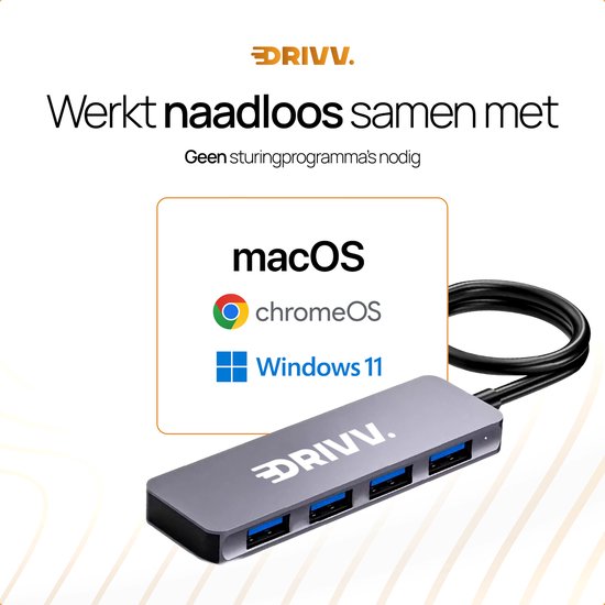 Drivv. USB Splitter 4 poorten - USB 3.0A - USB Hub 3.0 - Aluminium Behuizing - Grijs