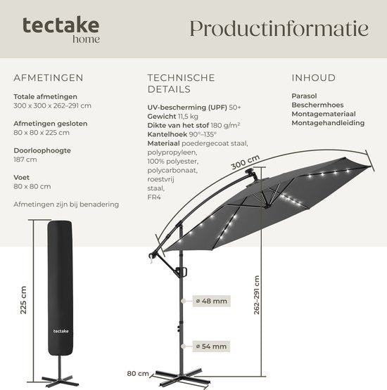 tectake® Zweefparasol met Voet - 3 x 3 m - Tuinparasol met LED-Verlichting op Zonne-Energie - Draaibaar - Waterafstotend Polyester met UV-Bescherming - Inclusief Hoes - Grijs
