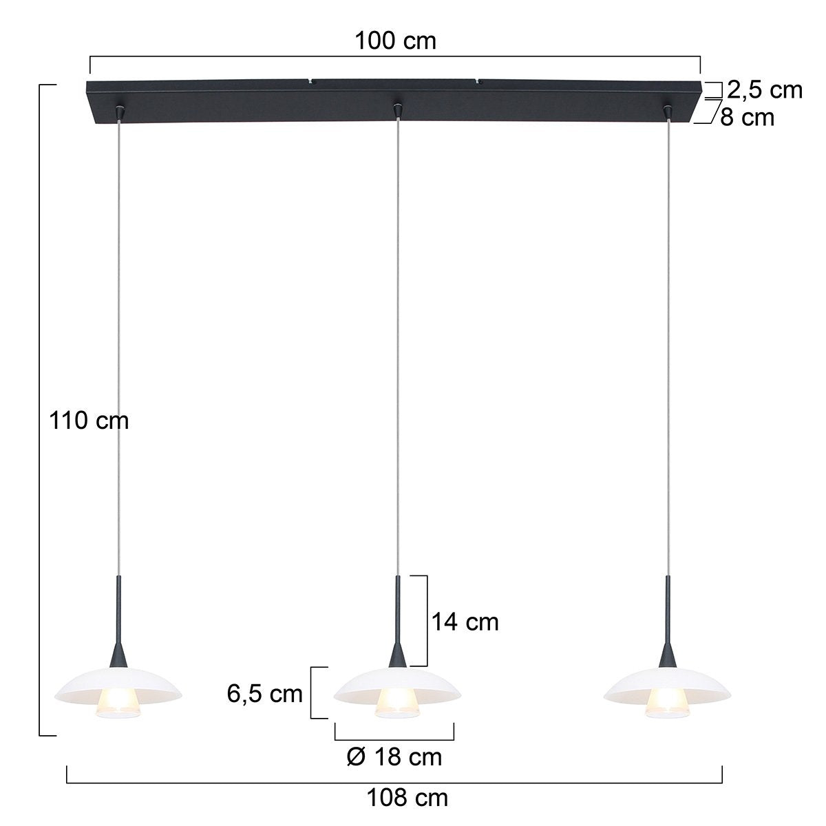 Hanglamp Tallerken 2654ZW Zwart - Modern, Hoogte Verstelbaar, Materiaal: Glas en Metaal, Binnen, Steinhauer