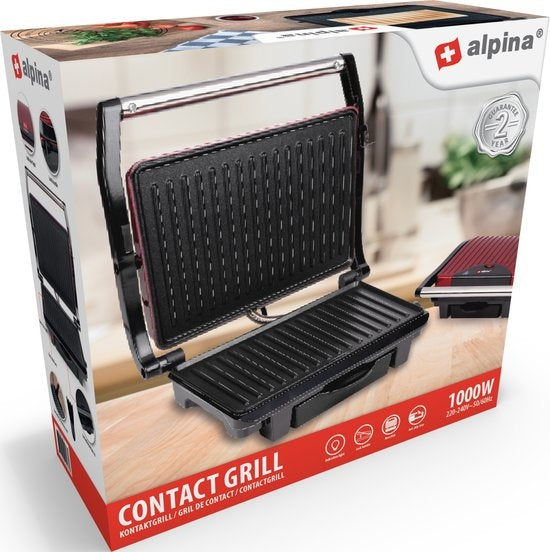 alpina Contact Grill - Tosti IJzer - Anti-aanbaklaag - 1000W - Zwart/Rood