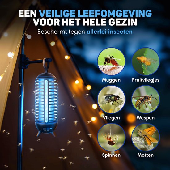 Vulpes Goods® Verjager - Muggenlamp Oplaadbaar - Elektrische Insectendoder - Vliegenlamp - Insectenlamp - UV stand & Nachtlamp - Ophangbaar - Waterdicht - Incl. opvangbak & schoonmaakborstel