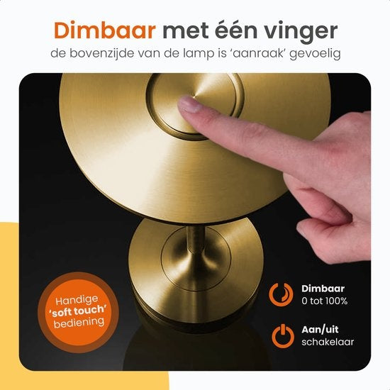Goliving Tafellamp Oplaadbaar – Draadloos en dimbaar – Moderne touch lamp – Nachtlamp Slaapkamer – Spatwaterbestendig – 27 cm – Goud