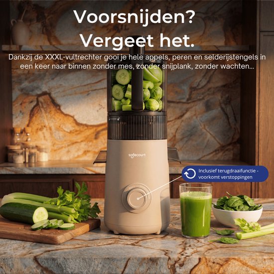 Safecourt Kitchen Slow Juicer XXL - krachtige motor [Pre-cutter & Cold-press technologie] - eenvoudige reiniging - BPA-vrij - sapcentrifuge Beige