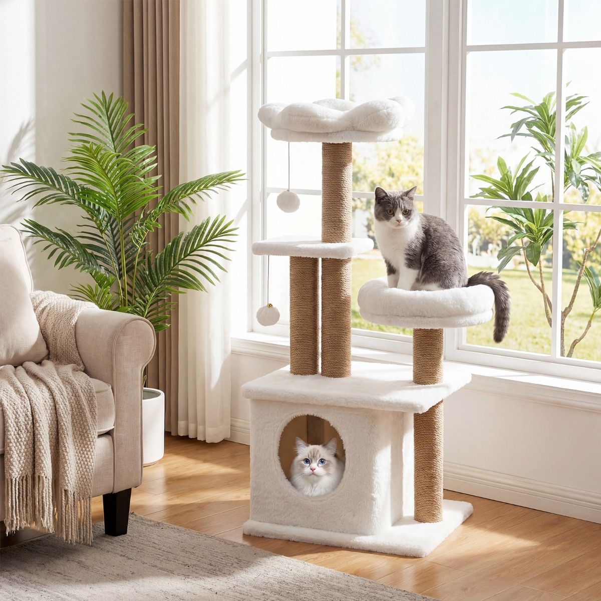 Coast Kattenkrabpaal - bloemvormig uitkijkplatform - kattenhuisje en bed - beige 96 cm