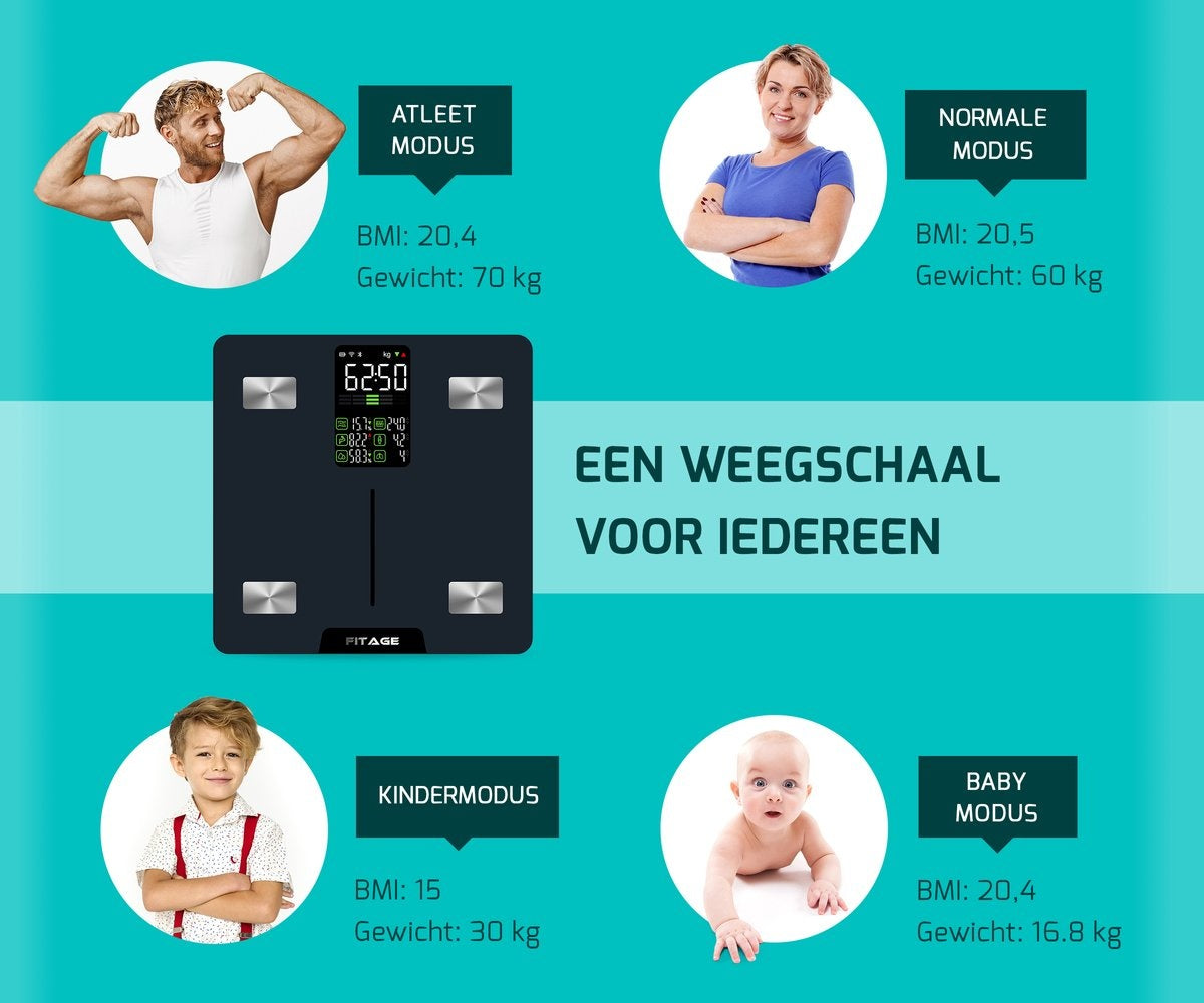 FITAGE LED Weegschaal Personenweegschaal Digitaal - Slimme Weegschaal met 17x Lichaamsanalyse - Weegschalen - FITAGE App