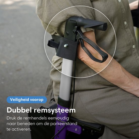 Safe Life® Rollator lichtgewicht en opvouwbaar - Rubberen wielen - zitfunctie - voor binnen en buiten - Rugleuning en wandelstok houder - Paars