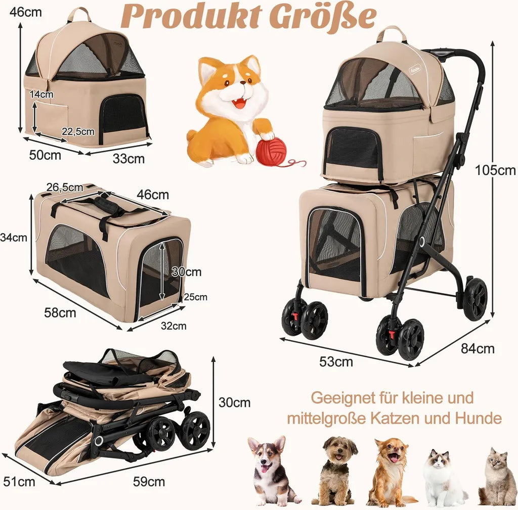 Coast 3-in-1 Hondenbuggy - Beige - Opvouwbaar - 53 x 84 x 105 cm