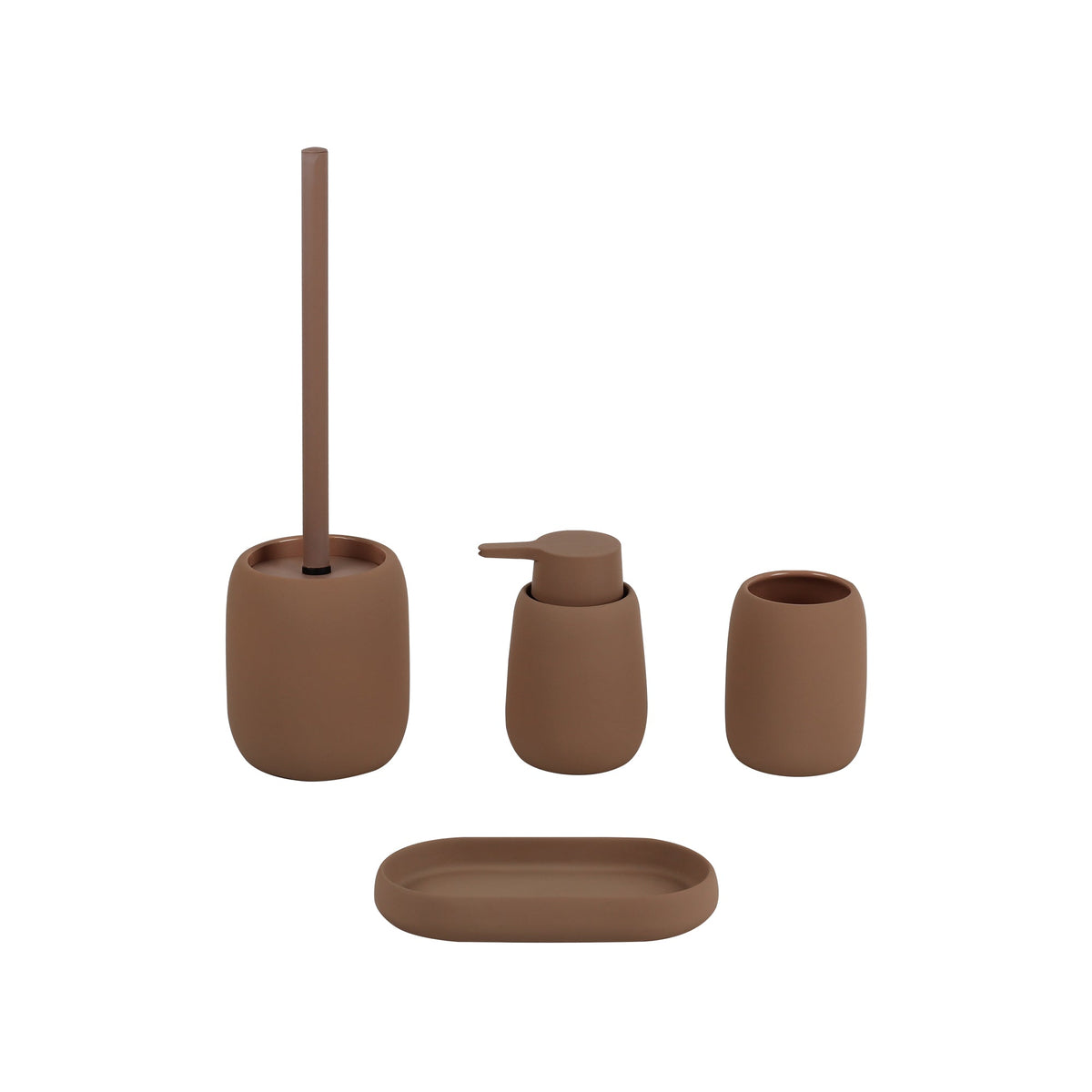 Furnihaus Keramische Badset 4-Delig – Bruin Met Rubber Coating – Stoneware Badkamer Accessoires