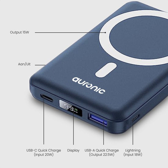 Auronic Powerbank - 10000 mAh - Geschikt voor iPhone 12/13/14/15 en MagSafe - 22.5W - Draadloos opladen - Blauw