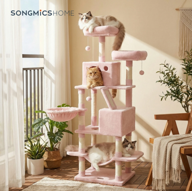 Joyfurnos L Krabpaal 168 cm - Pastelroze - Multi-Level met 13 Krabpalen & Hangmat