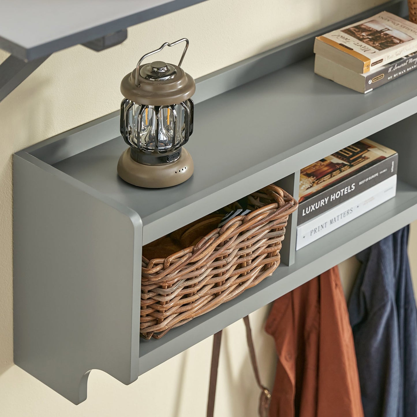 SoBuy Wandkapstok - 4 Dubbele Haken - 3 Open Vakken - 100 x 25 x 35 cm - Grijs