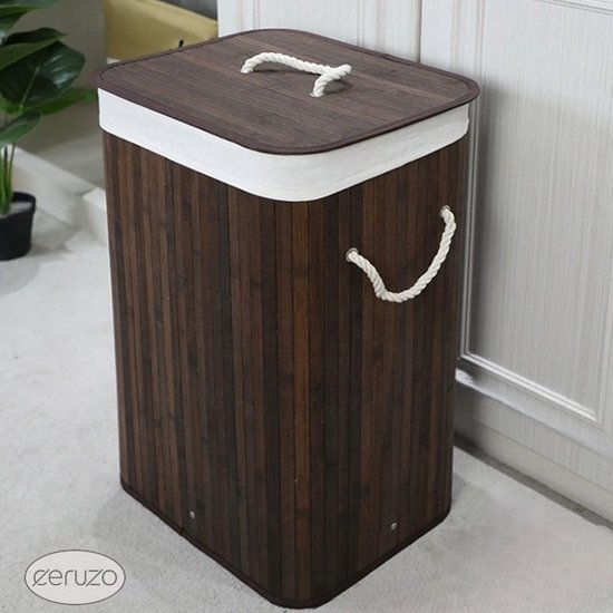 Ceruzo Bamboe Wasmand met Deksel - 72L - Bamboe - Binnenzak Wasbaar - Wassorteerder - Handvaten- Bruin