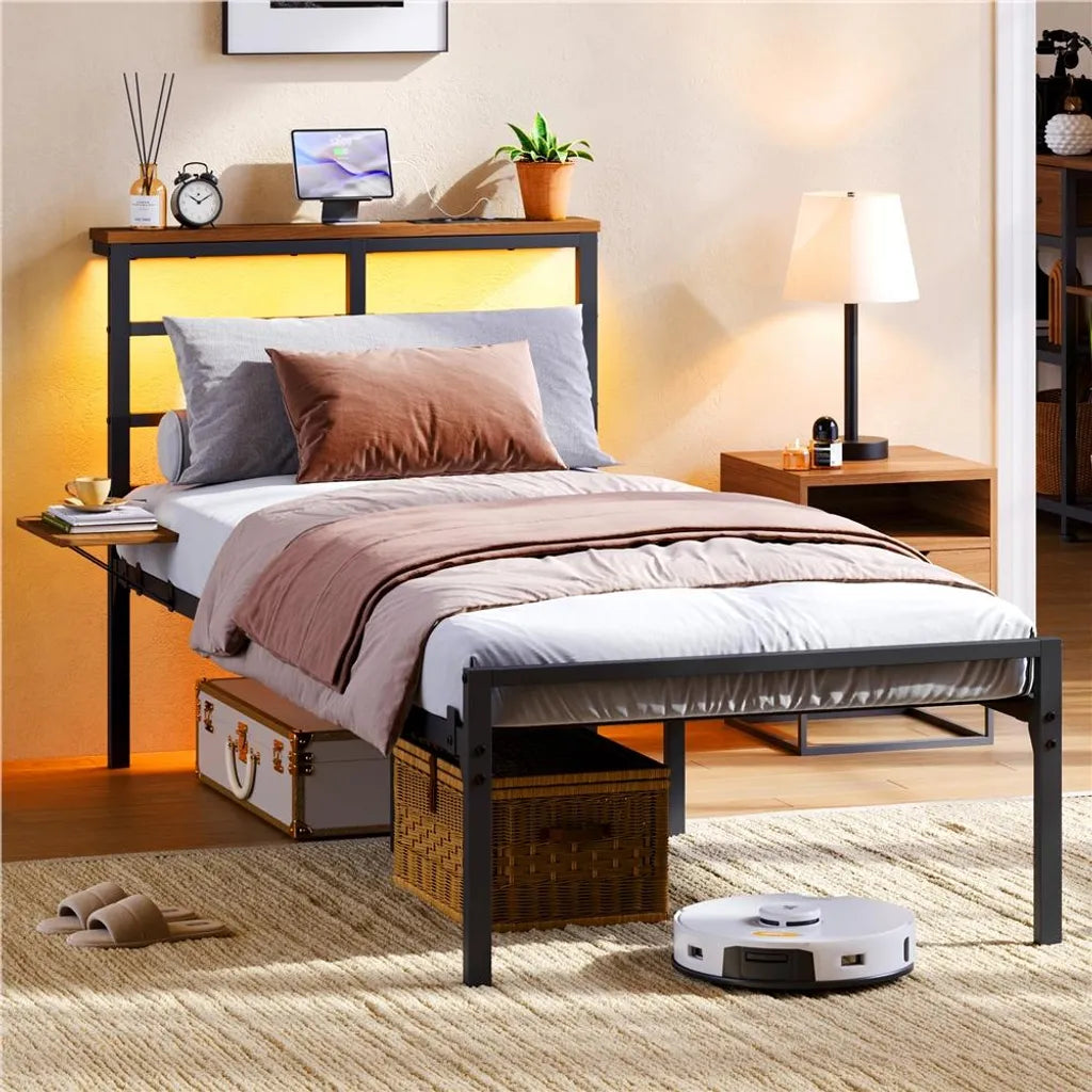 Yaheetech Metalen Bedframe met LED en Oplaadstation, 90x200 cm, Zwart