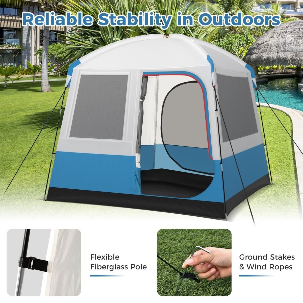 Coast Campingtent voor 5 Personen - Grote Netdeur en Grondzeil - Waterdicht - 248 x 248 x 230 cm - Blauw/Wit