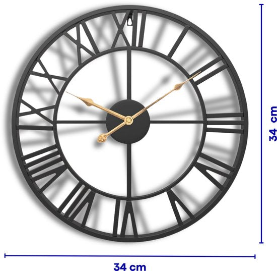 Tyme Wandklok Industrieel – 34cm – Romeinse cijfers – Goed leesbaar - Analoog - Uurwerk - Muurklok Modern - Quartz - Zwart