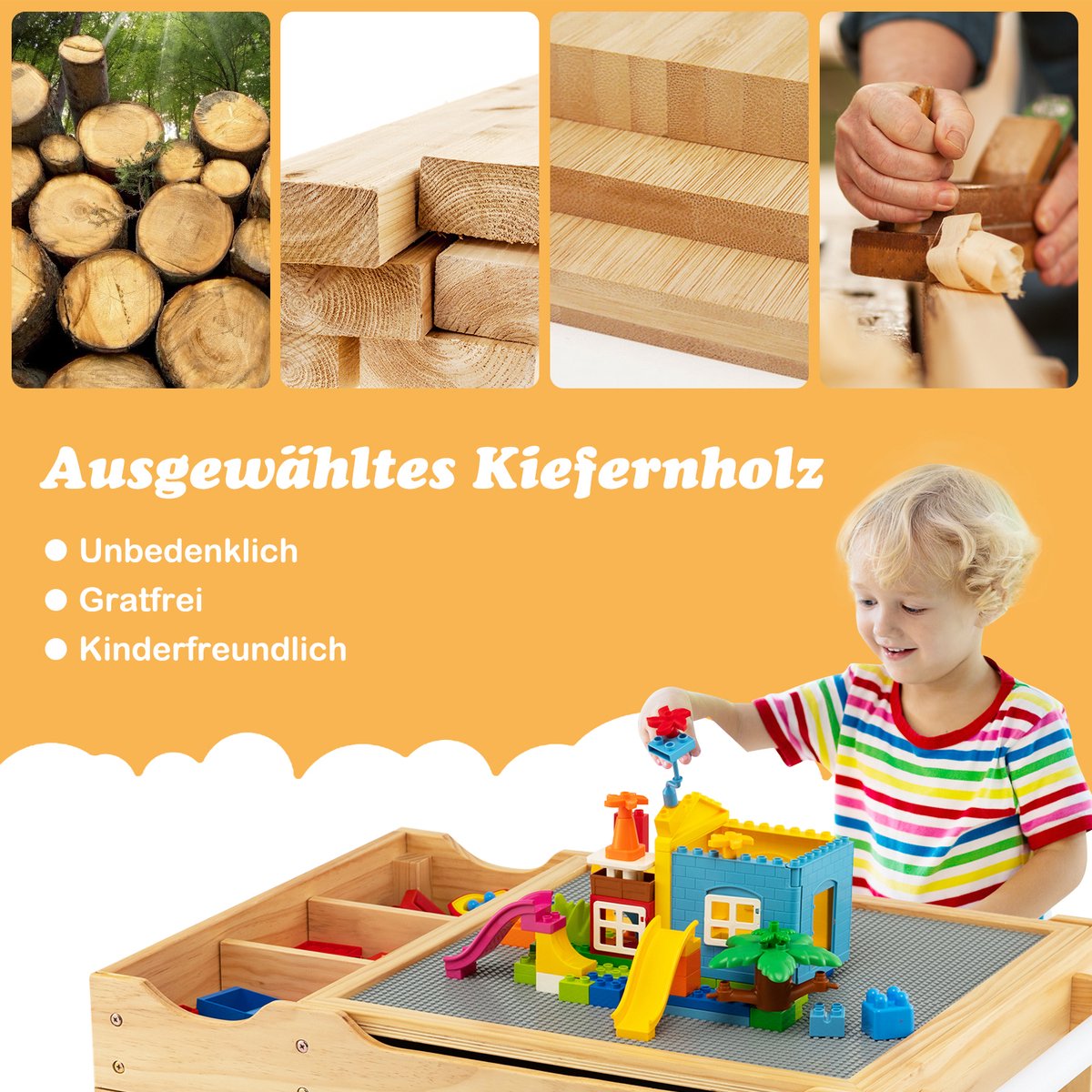Kindertafel Naturel/Wit - 86,5 x 60 x 57 cm - 2-in-1 Speeltafel - Met Opbergruimte