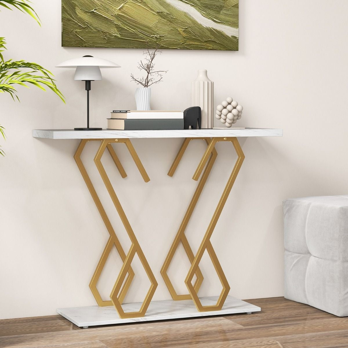 Coast Bijzettafel - Marmerlook - 100 x 30 x 79 cm - Wit/ Goud