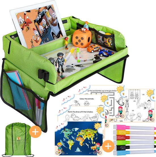 Qualita® Reistafel voor Kinderen Groen – Tablet Houder Auto - Autotafel – Speeltafel Auto – Auto organizer Kinderen - Tekentafel Auto – Opvouwbare Reistafel -
