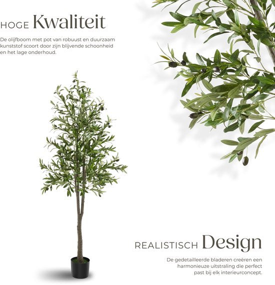 tectake® Kunstmatige Olijfboom Oleand – Mediterrane Kunstplant met Realistische Bladeren en Olijven – Onderhoudsvriendelijk en Veelzijdig – Inclusief Stevige Bloempot – Hoogte: 180 cm
