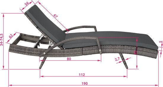 tectake® - Wicker ligstoel ligbed zonnebed - Verstelbare rugleuning (5 standen) - Incl. ligkussen met wasbare hoes - grijs - poly-rattan