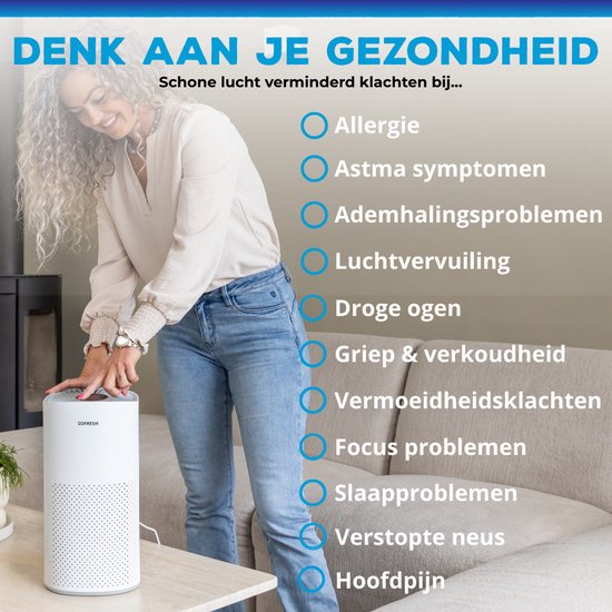Sofresh – Luchtreiniger Met App – Voor Ruimtes Tot 30 m² & 6-in-1 Filtersysteem – Voorzien Van Hepa-filter En Luchtkwaliteitsindicator – 195 x 195 x 388 mm – Wit Kunststof