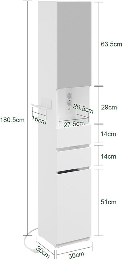 SoBuy BZR240-E-W Badkamerkast - 30 x 30 x 180,5 cm - Wit