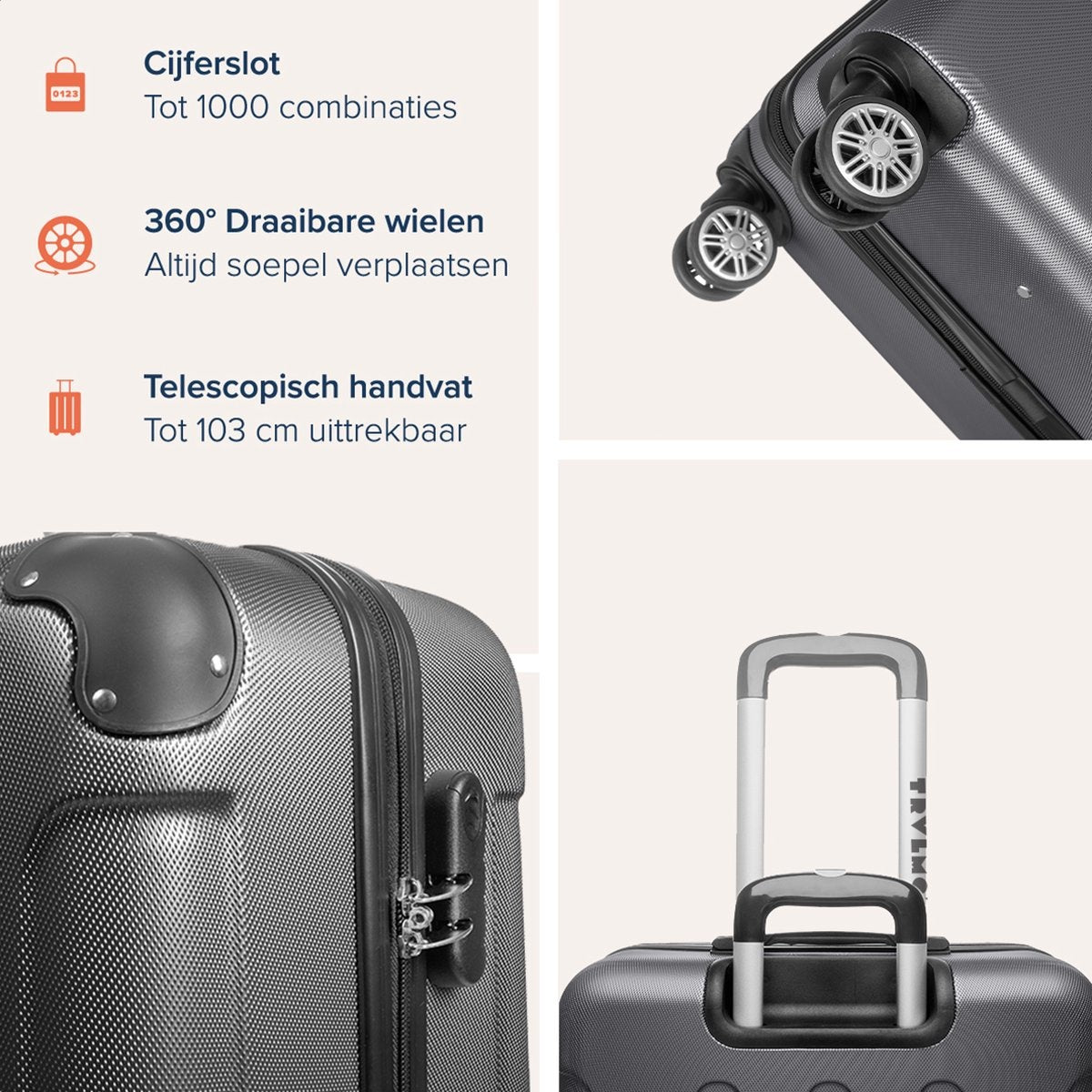 TRVLMORE 2 Delige Kofferset - 38L Handbagage + 110L Ruimbagage - Donkergrijs