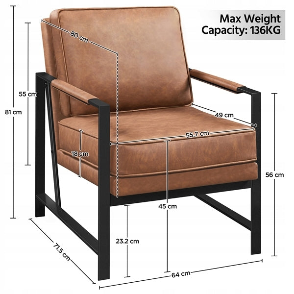 Yaheetech Retro loungestoel - Kunstleer met zwart metalen frame - Lichtbruin - 64 x 80 x 81 cm