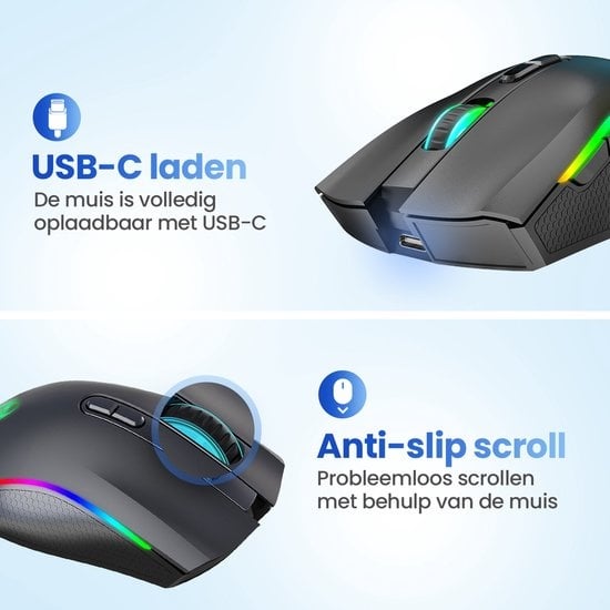 Garpex® Stille Draadloze Muis - Gaming muis - Computermuis - Muis Draadloos - Met LED Verlichting - Oplaadbaar - Zwart