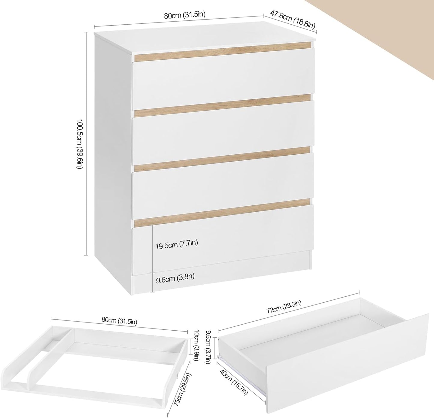 WOLTU Babycommode met Afneembaar Verschoonblad – 4 Lades – FSC-gecertificeerd Hout – Wit