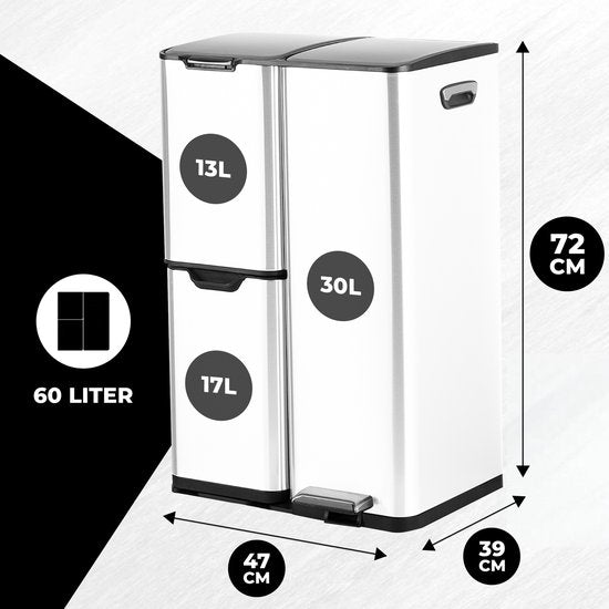 Bayt Prullenbak - Prullenbak 60 Liter - Vuilnisbak 60 Liter - Pedaalemmer 60 Liter - Prullenbak Afvalscheiding - Prullenbak 3 Vakken - Afvalbak - RVS - Wit