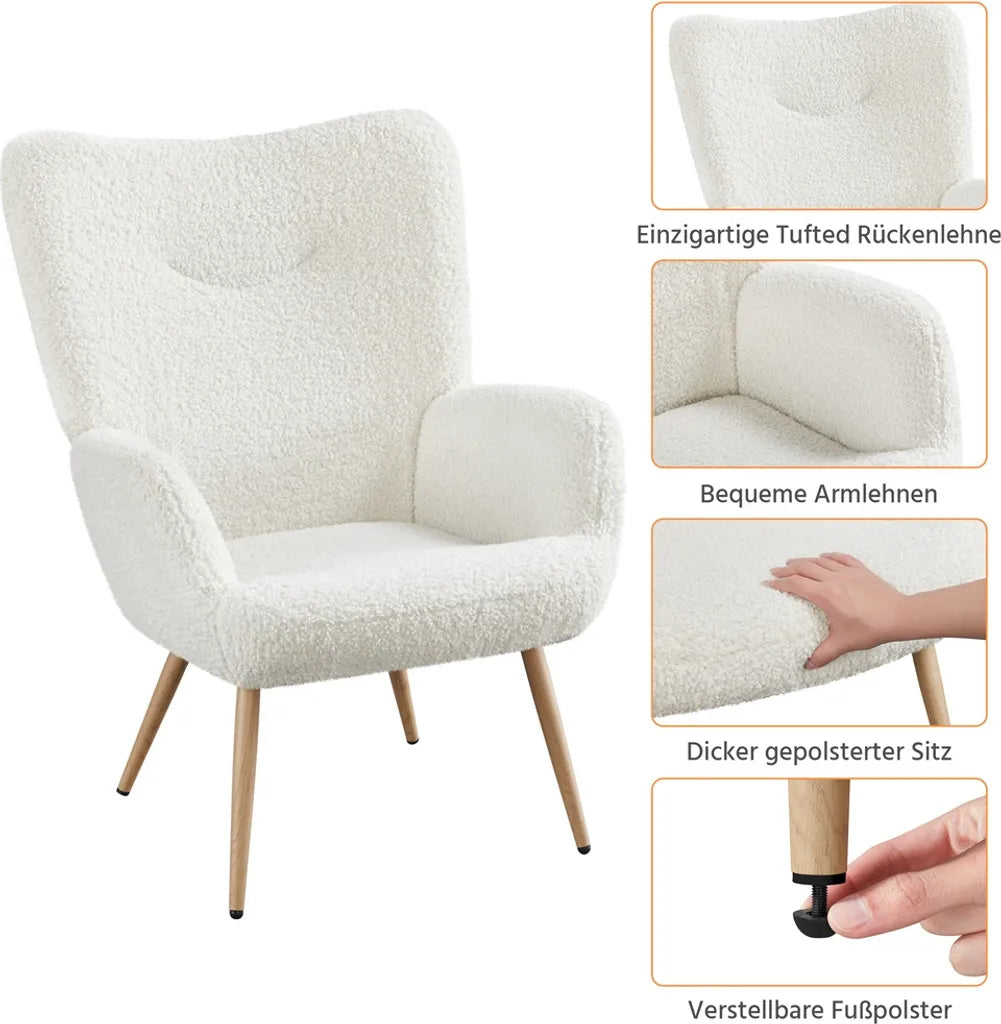 Yaheetech Relaxstoel 73,5 x 81 x 98 cm - Wit - Scandinavische Fauteuil met Bouclé Bekleding