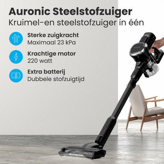 Auronic Steelstofzuiger - Draadloos - Zonder Zak - Op Accu - Zelfstaand - 220W - Extra Batterij - Vacuum Cleaner - Zwart