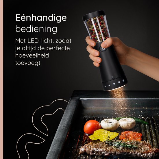 Deleca Elektrisch Peper en Zoutmolen Set Gustaro - 130ml Opslag Capaciteit - Luxe Zout & Pepermolen Stel - Instelbare Maalgraad - USB Oplaadbaar / Zwart