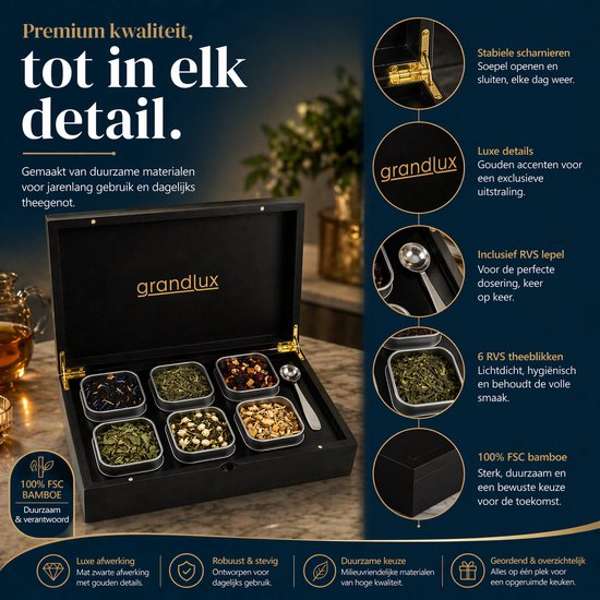 Grandlux Theedoos 6 vaks – Theedoos Losse Thee – RVS Lepel – 100% FSC Bamboe – 6 Theeblikken – Thee Organiser – Theebox – Zwart