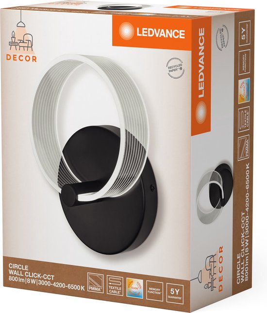 LEDVANCE DECOR Circle wandlamp, cirkelvormig, biedt een verlichtingsoptie met 8 watt, met Click CCT-functie voor flexibele aanpassing van de lichtkleur.