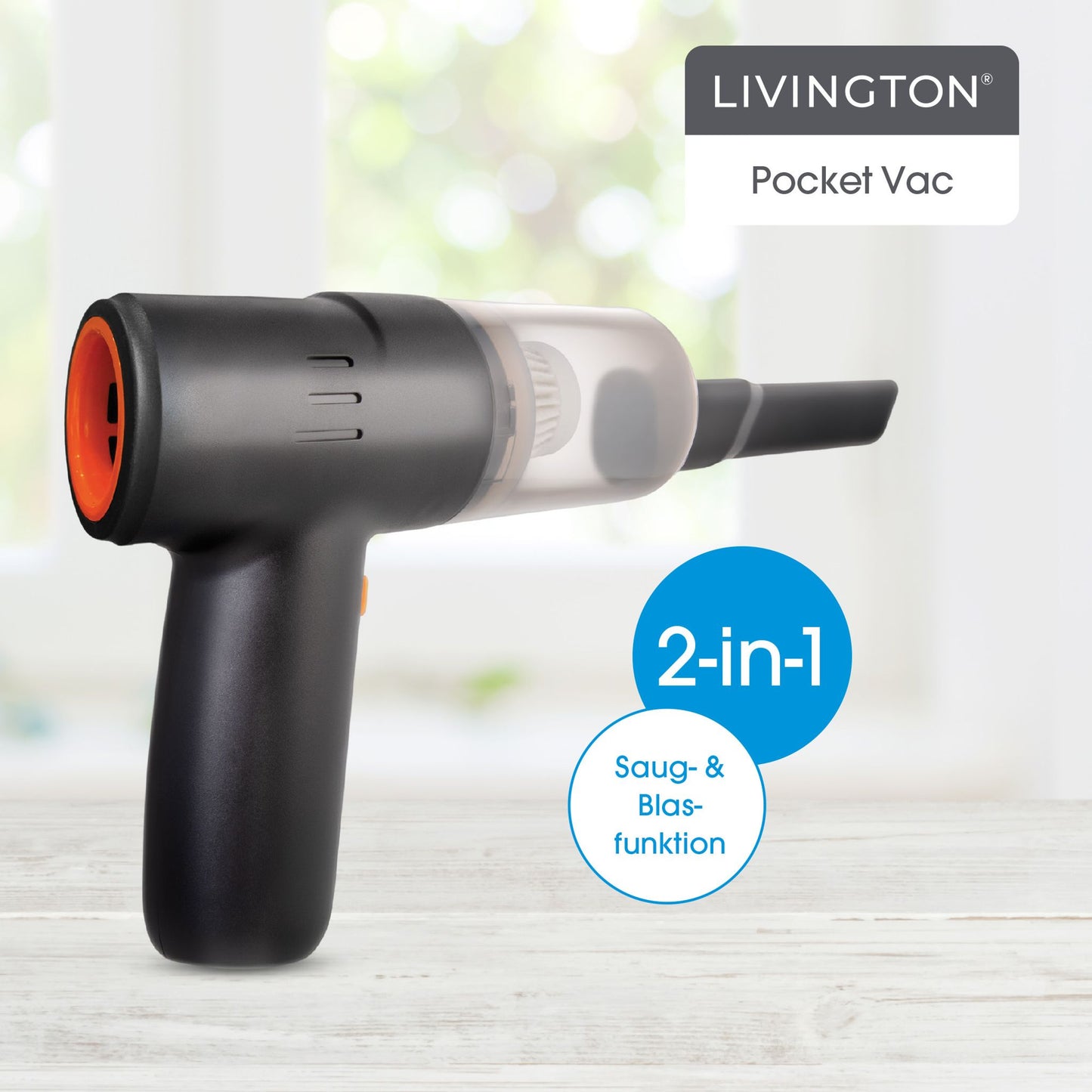 Livington PocketVac Draadloze Handstofzuiger met Blaasfunctie – Compact – Lichtgewicht – Inclusief 5 Opzetstukken