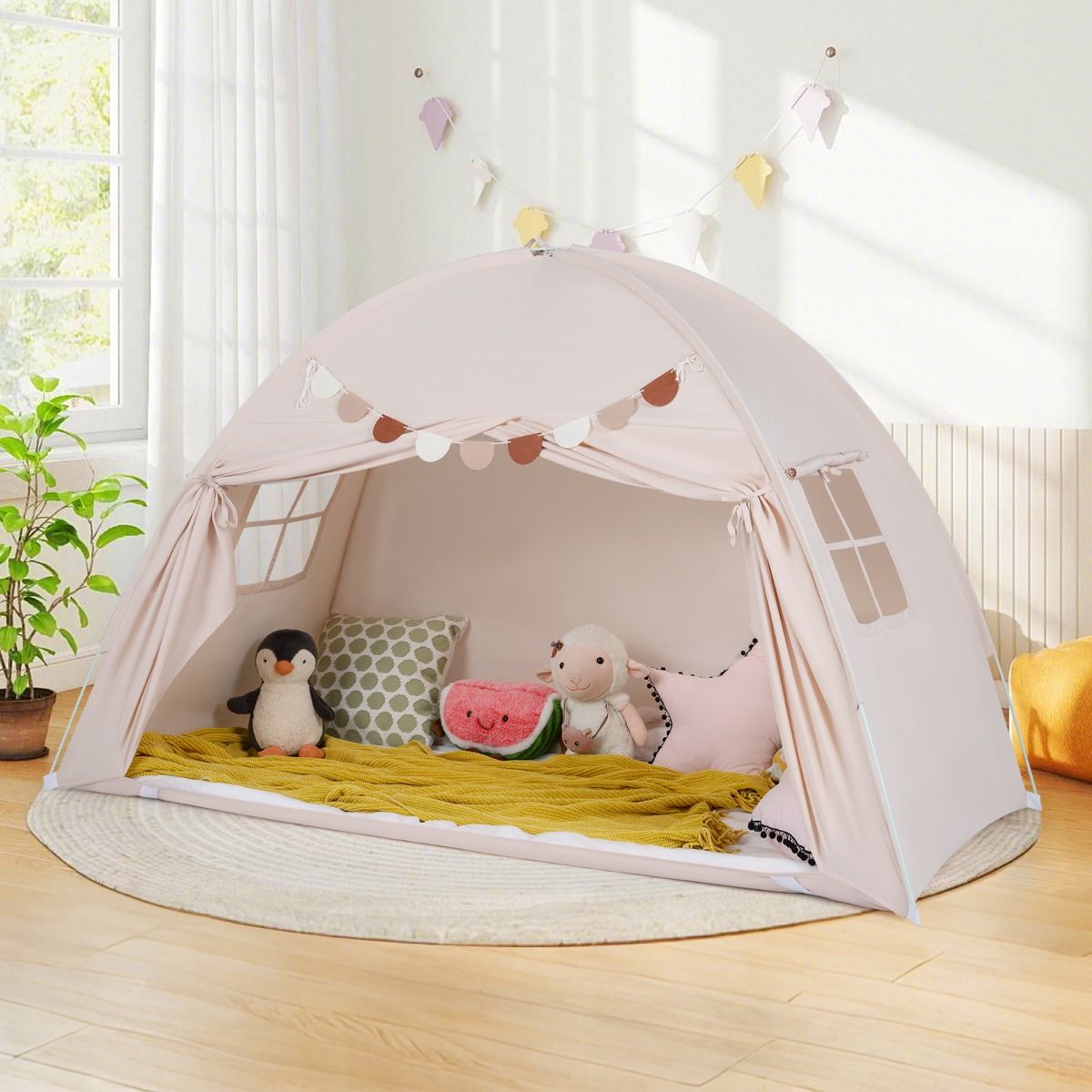 Coast Tweepersoons Kindertent - Opvouwbare baldakijntent - Met ramen en vlaggenbanner - 201 x 100 x 122 cm - Beige