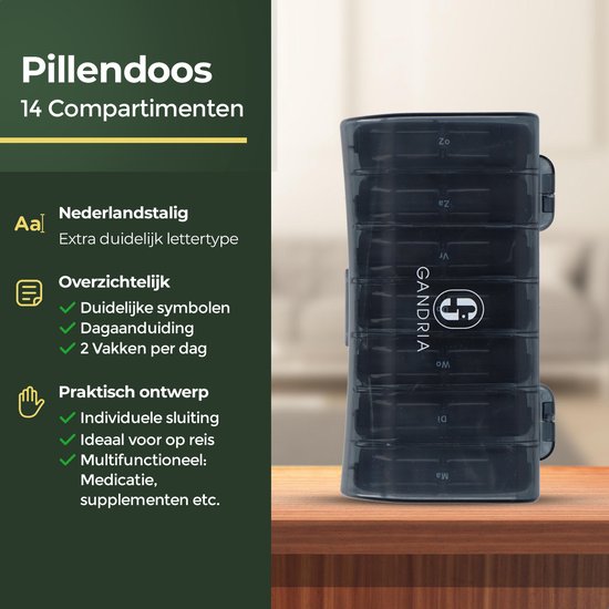 Gandria Pillendoos 7 Dagen - Uitneembaar Pillendoosje - Medicijndoos met 14 Compartimenten - Medicijndoos met Stevige Sluiting - 2 Vakken per Dag - Zwart