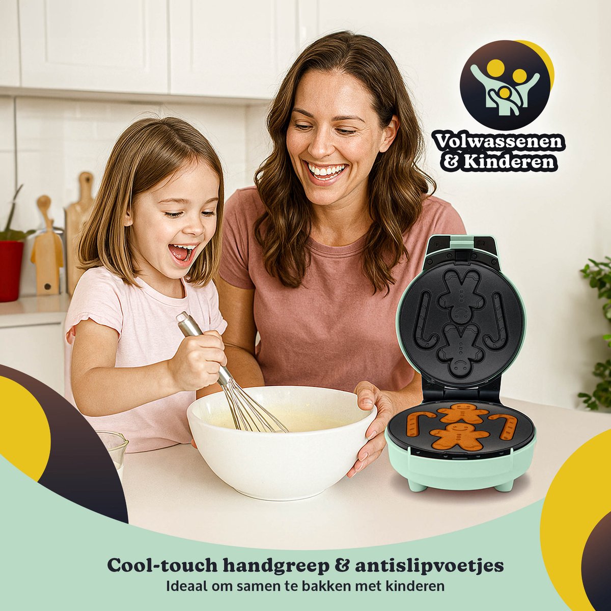 JAP Appliances DoughJoy Wafelijzer 22,2 x 16,8 x 10,5 cm – 600 W – Rond 16 x 16 cm – Verwisselbare Platen – Groen