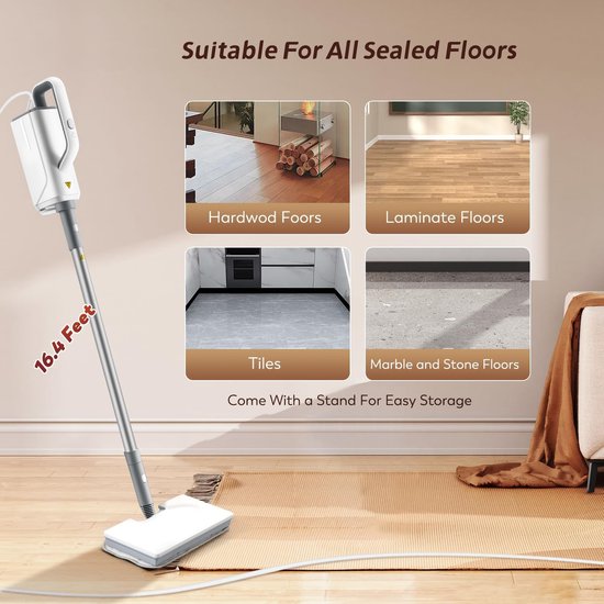 Fuegobird 2 in 1 Stoomreiniger - 1500W Elektrische Stoommop - Met draagbare handunit - voor het reinigen van stoomdweilen voor hardhouten laminaatvloeren, voegtegels, auto's - Wit