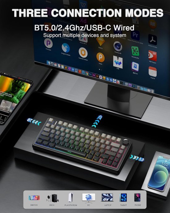 AULA F75 Pro - Draadloze Gaming Toetsenbord - Mechanisch - Zij Bedrukte toetsen - Gasket - Hot Swap - Tri mode - QWERTY Toetsenborden- 80 Keys - Zwart Grijs