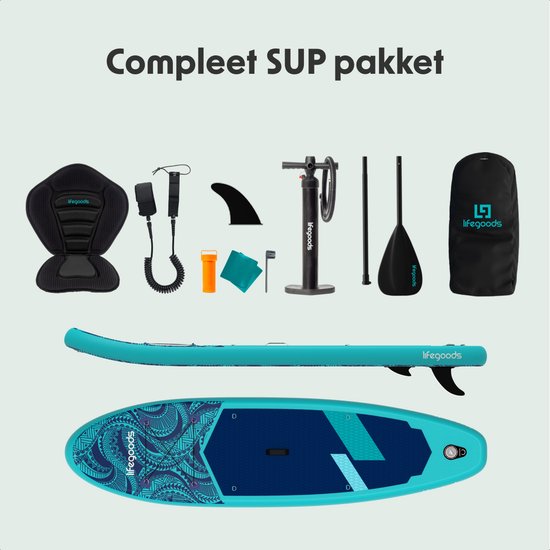 LifeGoods SUP Board Allround Compact - met Zitje - 100 KG Draagkracht - 300 x 76 cm - Opblaasbaar - Compleet SUP pakket - Blauw