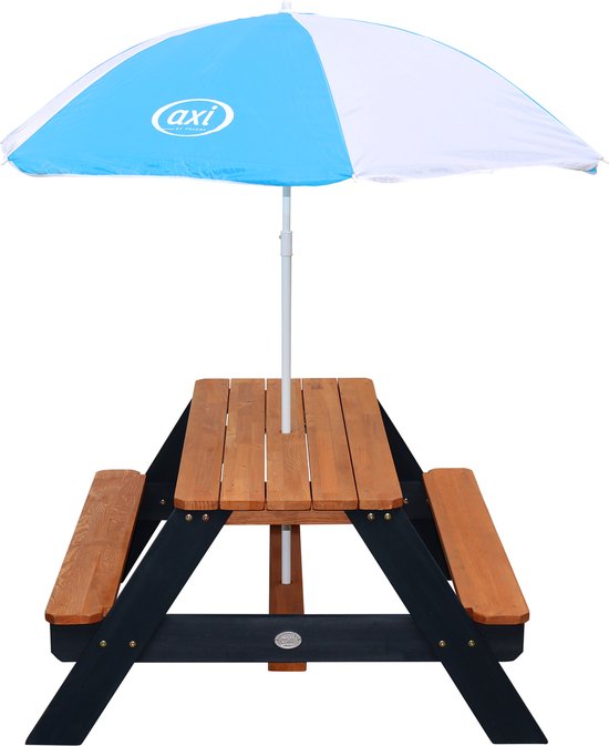 AXI Nick Picknicktafel Antraciet/bruin - Parasol Blauw/wit - Picknick tafel voor kinderen van FSC hout