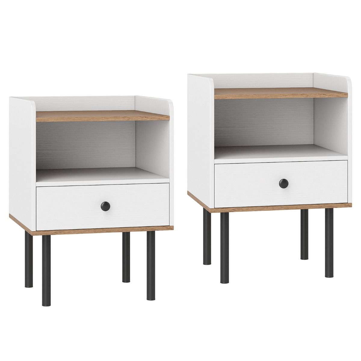 Coast Nachtkastje Hout - met lade en open vak - verhoogde metalen poten - zwart/wit - 40,5 x 35 x 56 cm