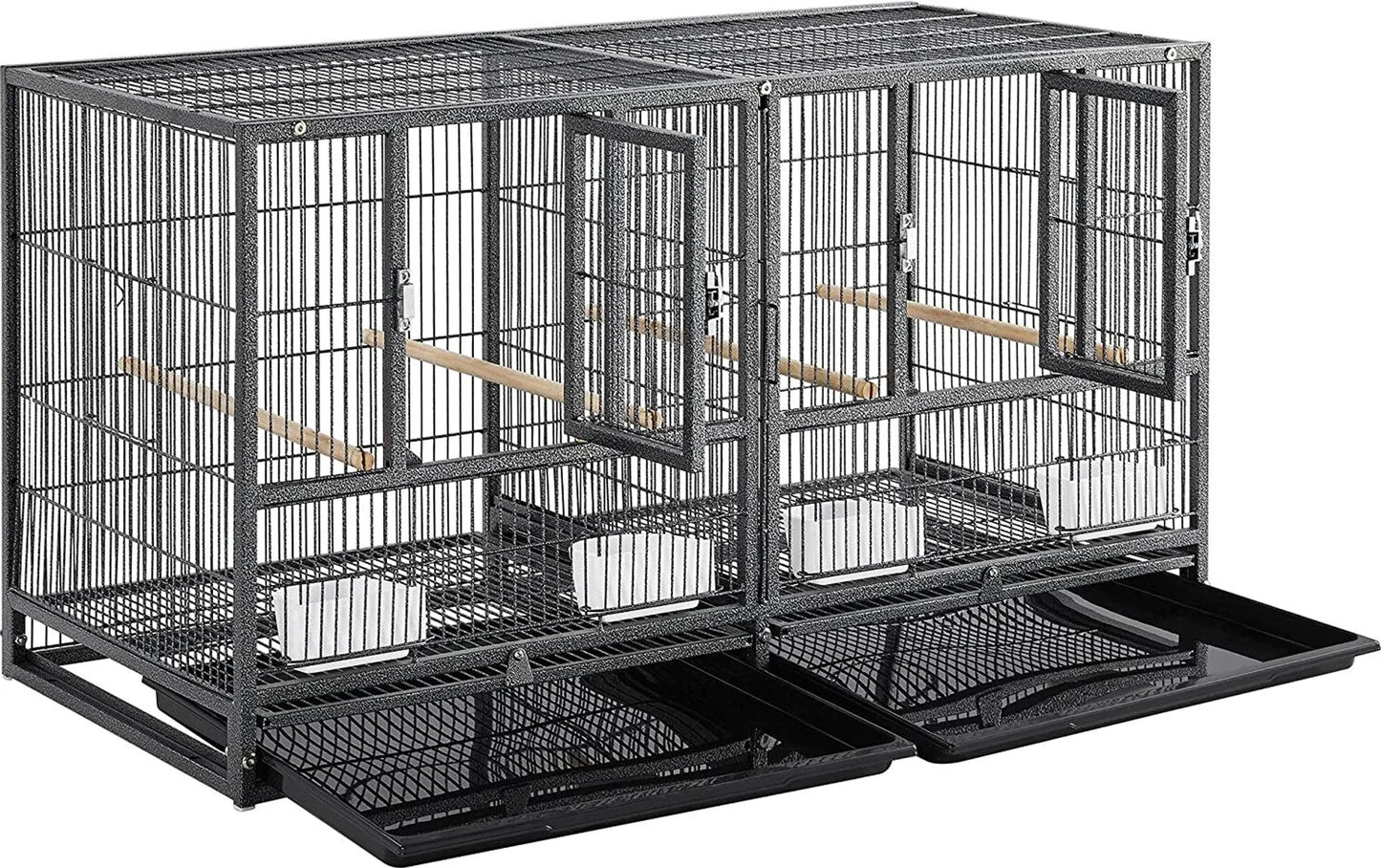 Yaheetech Vogelkooi Met Tussenschot – Voorzien Van 1 cm Tralieafstand En 4 Voerbakjes En Uitneembare Bodemlade – Voor Parkieten En Kanaries – Zwart Gepoedercoat Metaal – 95,5 x 45,5 x 105 cm