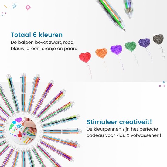 Partizzle 24x Meerkleurige Balpennen - Balpen Uitdeelcadeautjes Voor School - Creatief Kleuren - Grabbelton Pennen Traktatie Cadeautjes voor Kinderen - 6 Kleuren